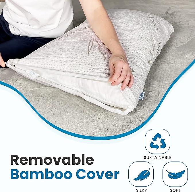 Sleepsia Standard Size Rayon Derived from Bamboo Pillow - Adjustable Shredded Memory Foam Neck Support Pillow, Breathable Pillow for Side, Back & Stomach Sleepers - Sleeping Pillow with Washable Cover