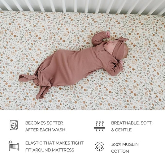 Meadow Floral Muslin Crib Sheet by Mebie Baby, Soft and Breathable Bed Sheets for Babies, Modern Neutral Bedding for Cribs, Standard Crib Mattress Fitted Sheet, Great for Boy or Girl Room or Nursery