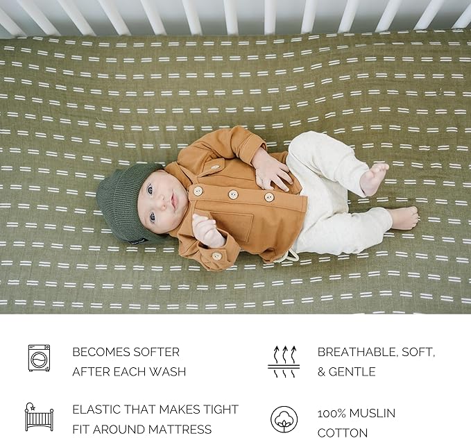 Olive Strokes Muslin Crib Sheet by Mebie Baby, Soft and Breathable Bed Sheets for Babies, Modern Neutral Bedding for Cribs, Standard Crib Mattress Fitted Sheet, Great for Boy or Girl Room or Nursery