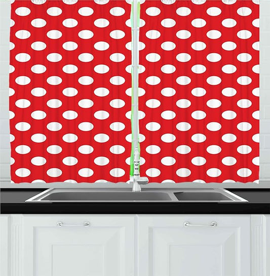 Ambesonne Retro Kitchen Curtains, 50s 60s Iconic Pop Art Style Big White Polka Dots Picnic Vintage Old Theme Image, Window Drapes 2 Panel Set for Kitchen Cafe Decor, 55" x 30", Vermilion White