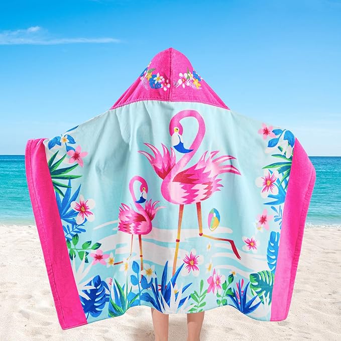VOOVA & MOVAS Flamingo Hooded Towels for Girls Age 3-10, Soft | Thick |100% Cotton | Absorbent Wrap Towel, Perfect for Beach, Pool, Bath, Swim, Tropical Flamingo