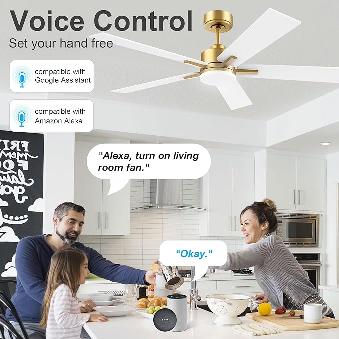 52” Smart Ceiling Fan with LED Lights Remote,Quite DC Motor,Voice Control via Alexa Google WIFI Phone,Outdoor Indoor Modern Ceiling Fans,Dimmable,for Bedroom Patio Porch,Gold and White Black