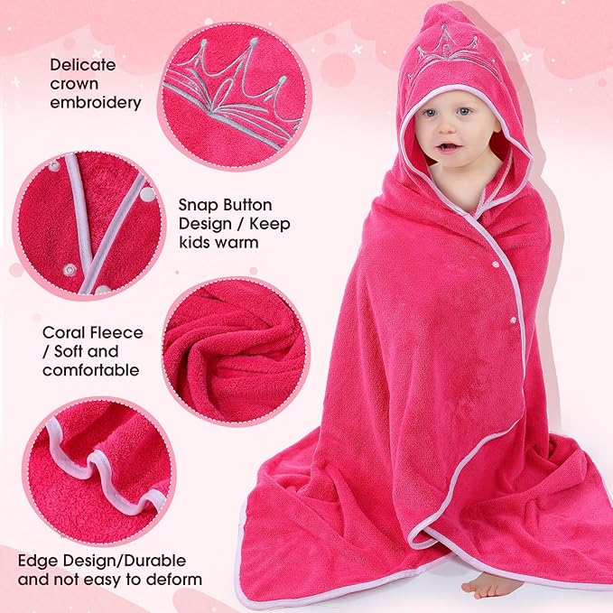 2 Pcs Princess Toddler Bath Towel Oversized Baby Hooded Bath Towel Thick Absorbent Soft Toddler Beach Towel for Kids Girls Up to 10 Years, 27 x 48 Inch, Pink and Blue