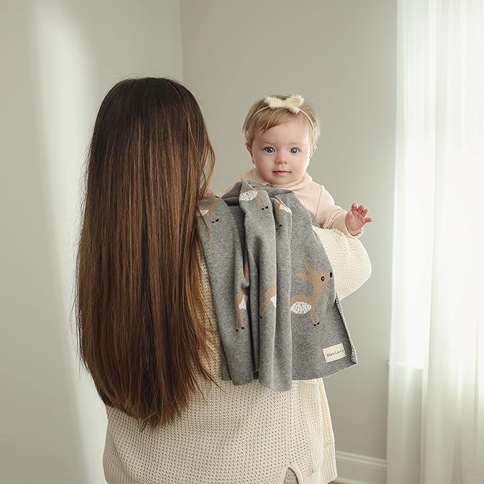 Knit Baby Swaddle Blanket - 100% Cotton Soft Cozy Receiving Swaddling Crib Stroller Quilt Blanket for Shower Gift Registry for Newborns, Infants, Toddlers, Unisex (Deer - Grey)
