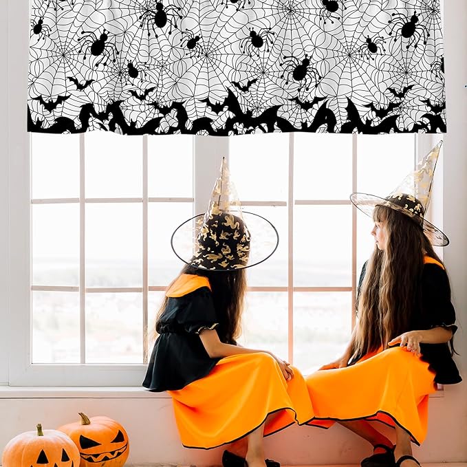 Halloween Curtain Valance 54 x 18 Inch Bat Spider Web Valance Curtain Rod Pocket White Black Short Window Treatment for Home Party Window Decor