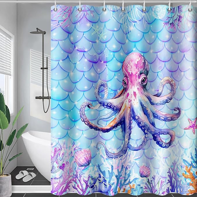 AILONEN Cartoon Octopus Shower Curtain 72"W*78"H For Bathroom, Ocean Coral Shell Fish Scale Print Bathroom Curtain for Kids Girls Women Bath Curtain Polyester Waterproof Shower Curtain With 12 Hooks