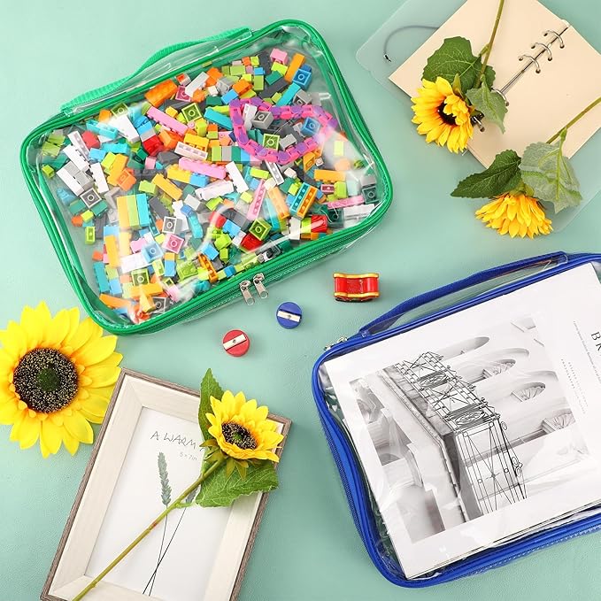 Sanwuta 3 Packs Toy Storage Bags with Zipper, Clear PVC Organizing Bags, Waterproof Toy Bags for Board Games, Building Blocks, Toys and Kids Books (Blue, Yellow, Green,10.24 x 7.09 x 2.36 Inch)