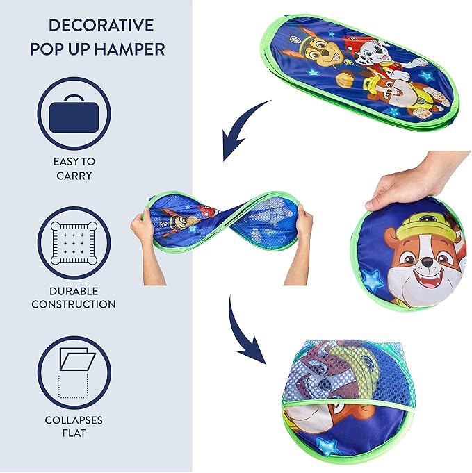 Nickelodeon Paw Patrol Chase, Rubble and Marshall Pop Up Hamper with Durable Carry Handles, 21'' H x 13.5'' W X 13.5'' L