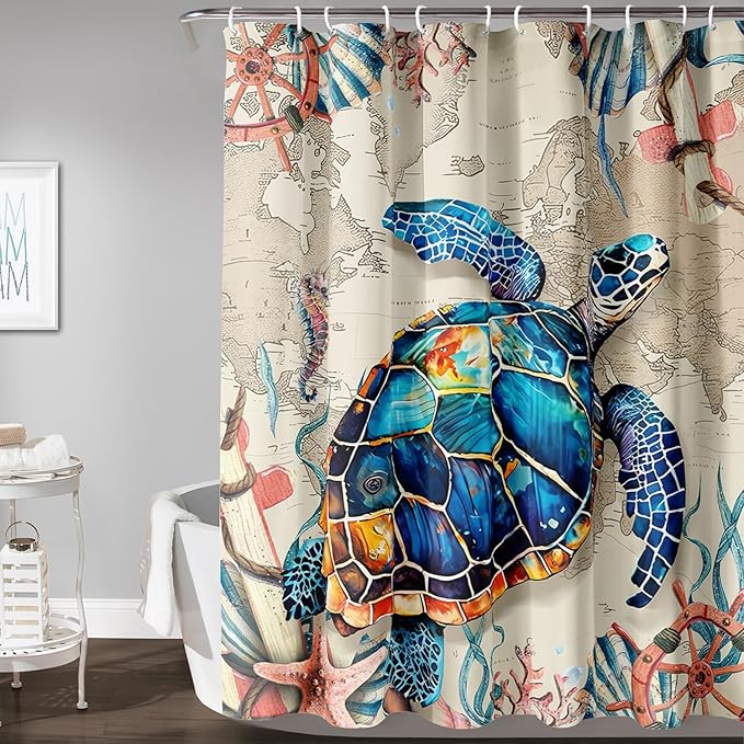 AILONEN Sea Turtle Shower Curtain, Retro World Map Voyage Coast Ocean Bath Curtain,Sea Turtle Bathroom Curtain Decor,Boys Adults Polyester Waterproof 72" W*96" H Shower Curtain (12 Hooks)