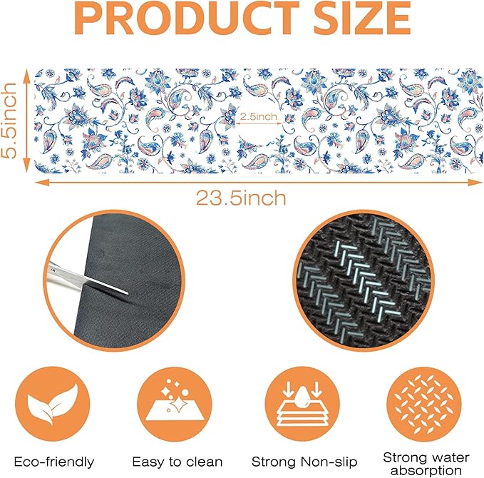 Kitchen Faucet Mat Watercolor Ceramic Floral Kitchen Sink Splash Guard Faucet Mat,1 PC Splash Guard Behind Faucet Drip Catcher for Kitchen,Dish Drying Mat,Bathroom Faucet Mat 23.5""X5.5""