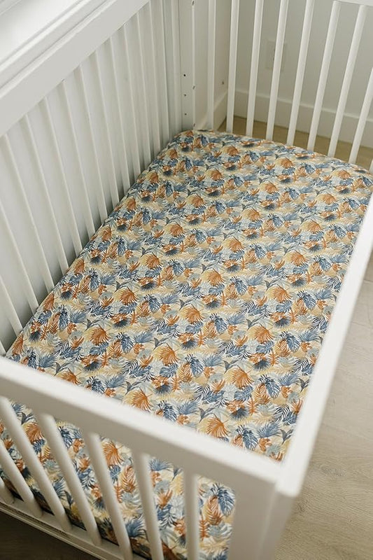 Paradise Palms Muslin Crib Sheet by Mebie Baby, Soft and Breathable Bed Sheets for Babies, Modern Neutral Bedding for Cribs, Standard Crib Mattress Fitted Sheet, Great for Boy or Girl Room or Nursery