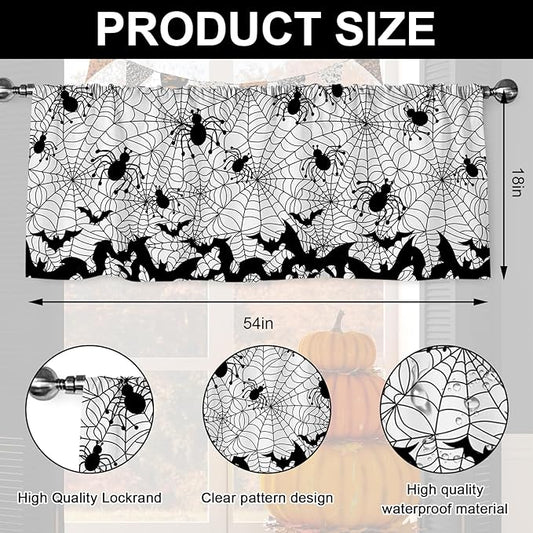 Halloween Curtain Valance 54 x 18 Inch Bat Spider Web Valance Curtain Rod Pocket White Black Short Window Treatment for Home Party Window Decor