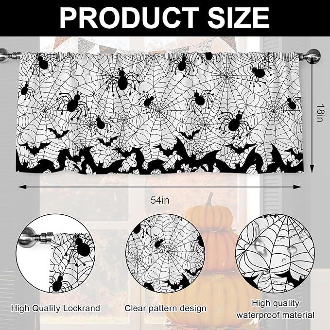 Halloween Curtain Valance 54 x 18 Inch Bat Spider Web Valance Curtain Rod Pocket White Black Short Window Treatment for Home Party Window Decor