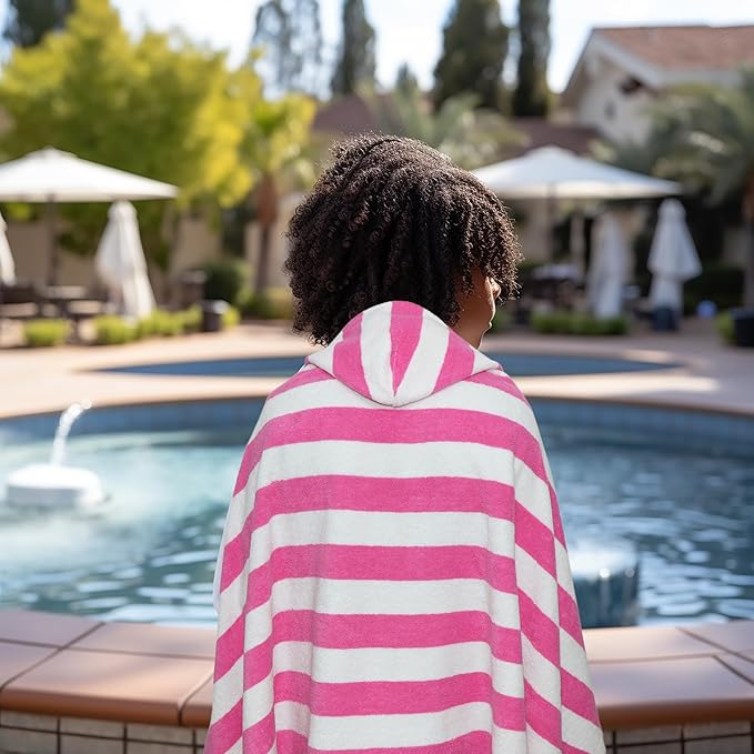 Hooded Bath Towel Wrap - 100% Cotton Terry Large Oversized Hooded Kids Towel - Toddler Shower Pool Beach Towel - Soft Plush Absorbent Quick Dry Easy Care Gift -30x60- Cabana Stripe Pink