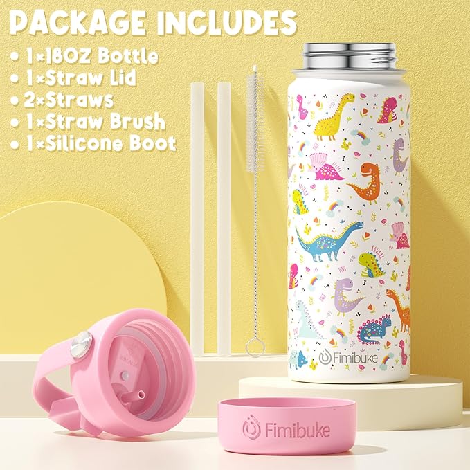 Fimibuke Kids Insulated Water Bottle - 18oz BPA-FREE 18/8 Stainless Steel Kids Cup with Straw Travel Tumbler Double Wall Vacuum Leak Proof Toddler Water Bottle for School Boys Girls(1 Pack, Trucks)