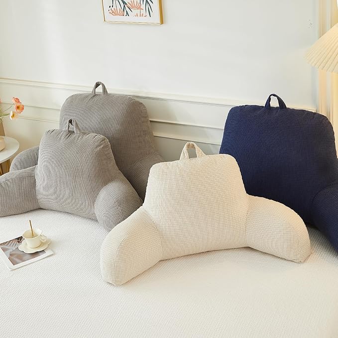 Back Pillow for Bed Sitting Up,Reading Pillow for Sitting in Bed Adult with Arm Pillow,Back Rest Pillow for Sitting in Bed with Pockets,While Gaming,Working,Watching,Standard-Ivory