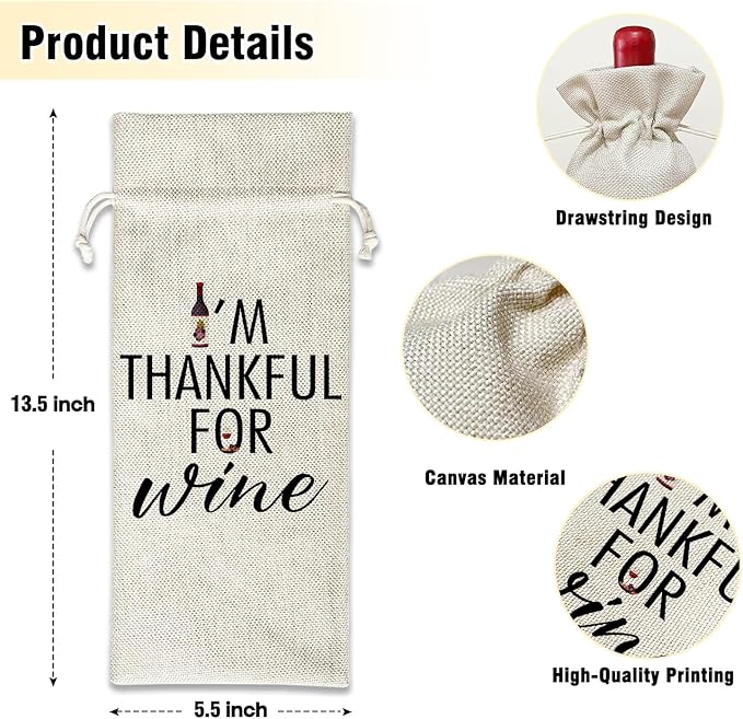 Wine Canvas Bag, Thanksgiving Wine Gift Bag, Thanksgiving Gifts for Friend Bestie Wife Autumn Harvest Party Wine Bags for Wine Bottles, Wine Gifts With Drawstring Holiday Fall Party Decoration -WB38