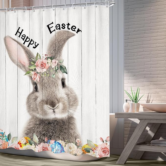 Happy Easter Rabbit Bunny Shower Curtain 60Wx72L Inch Rustic Cute Animal Spring Kids Wood Board Flower Floral Shower Curtain Bathroom Set Country Bath Curtain Bathtub Accessories Home Decor