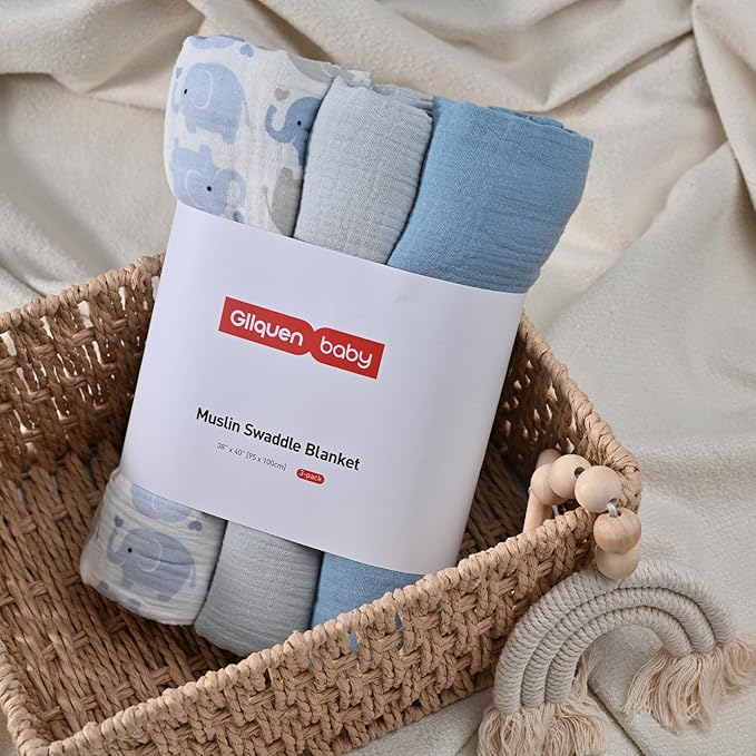 GLLQUEN BABY Muslin Swaddle Blankets for Boys and Girls, 3-Pack Baby Blankets for Girl Boy, Newborn Receiving Blanket, Baby Swaddle Blanket Unisex, Baby Essentials, Registry & Gift