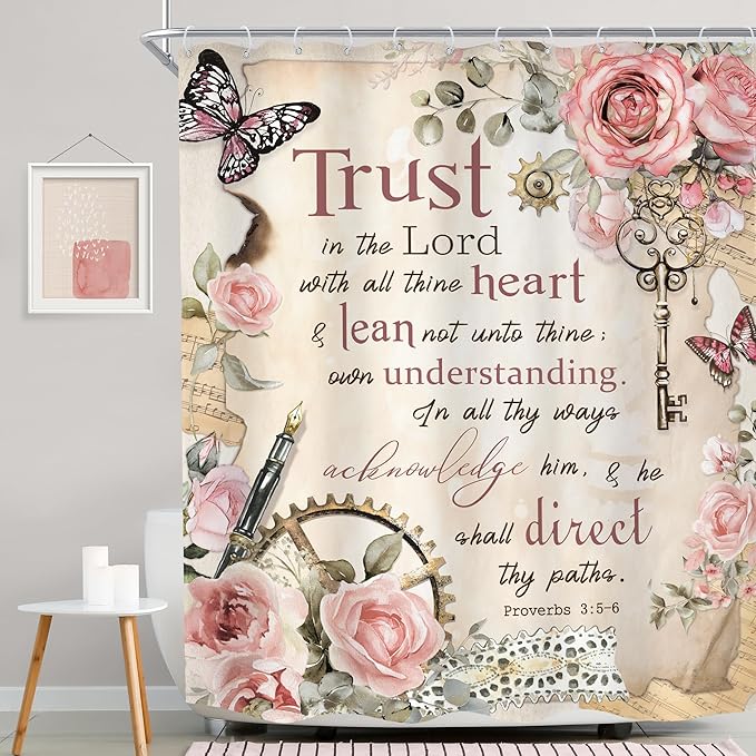 MESHELLY Vintage Pink Christian Shower Curtain 60Wx72H Retro Floral Bible Verse Bathroom Curtain Scripture Bath Curtain Fabric Rustic Flower Butterfly Quotes Bathroom Accessories Decor with 12 Hooks
