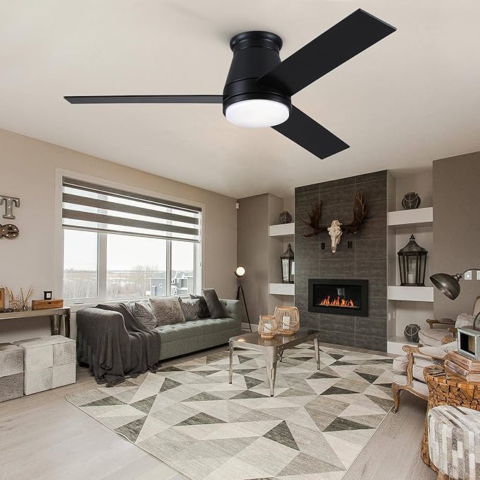 NicBex Ceiling Fan 48 Inch Modern Ceiling Fans with Integrated LED Light and Remote Control Flush Mount Ceiling Fan with 3 Blades for Living Room, Bedroom, Black