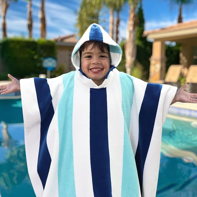 Hooded Beach Towel - Swim Cover-up - 100% Cotton Velour Double Woven Large Hooded Poncho Towel - Big Kid Pool Bath Wearable Swimming Robe - Soft Plush 630 GSM Gift - 35 x 35 - Ocean Blue