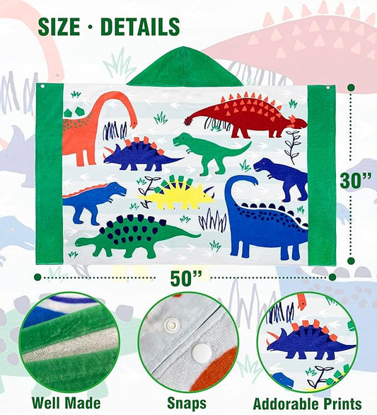 Kids Bath Towel Hooded - Cotton Kids Beach Towel 30"x50" for Ages 3 to 10, Toddler Towels with Hood Snaps, Soft Terry Poncho Towel as Pool Swim Cover Ups for Girls Boys (Dino Green)