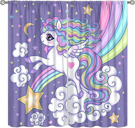 Kids Unicorn Curtains Purple Cartoon Rainbow Cartoon Room Blackout Curtains Boys Girls Baby Room Decor Curtains Living Room Decor 72x63 Inch 2 Panels
