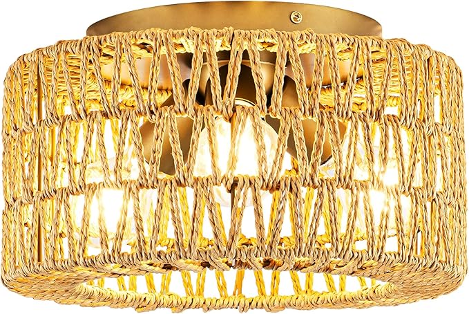 MAYNA 3-Light Boho Light Fixtures Ceiling Mount, Hand-Woven Chandelier Light Fixture,Farmhouse Rattan Flush Mount Ceiling Light for Hallway Bedroom Kitchen Living Room Entryway (Gold)