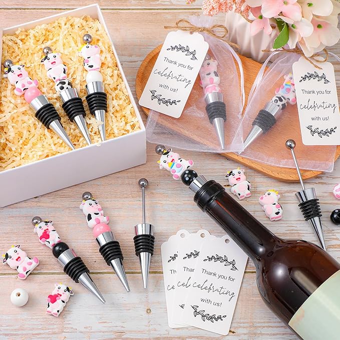 Gisafai 12 Set Cow Beadable Wine Stoppers Thank You Wedding Favors for Guests Decorative Beaded Wine Bottle Stopper with Cow Beads Organza Bag Tag for Wedding Cow Party Favor Baby Shower Gifts