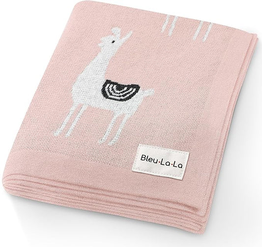 Knit Swaddling Baby Blanket - 100% Fine Loomed Cotton Cozy Receiving Cuddle Stroller Crib Swaddling Stroller Swaddle Quilt Blanket for Newborns Infants Toddler Boys and Girls (Llama - Pink)