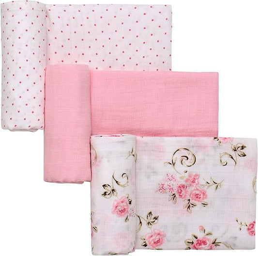 3 Pack Cotton Muslin Swaddle Blankets for Baby, 40" x 36", Lightweight, Breathable, Pink (Little Me Vintage Rose)