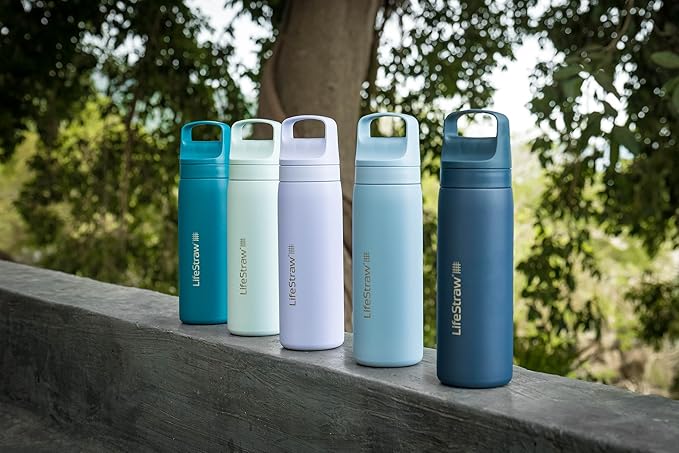 LifeStraw Go Series – Double Wall BPA-Free Vacuum Insulated 18 oz Stainless Steel Water Filter Bottle for travel and everyday use; Icelandic Blue