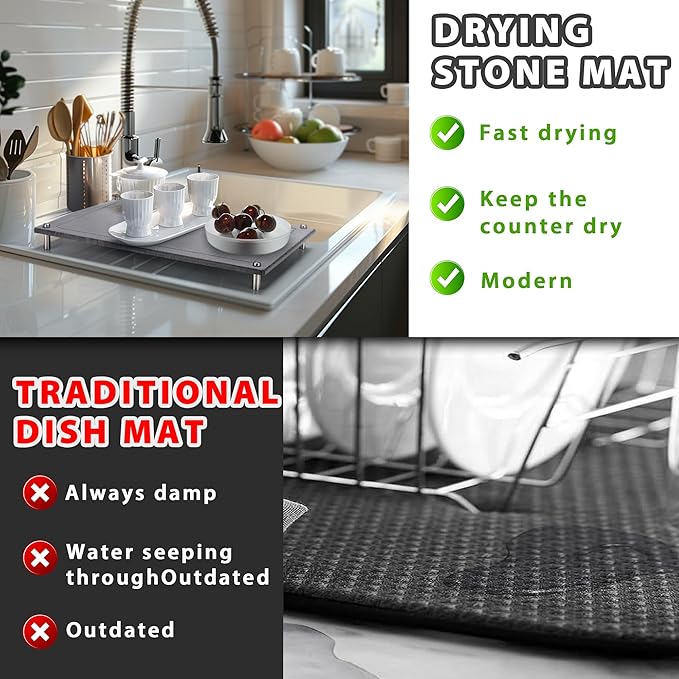 Stone Drying Mat for Kitchen Counter,IPOW Diatomaceous Dish Drying Mats Superb Absorbent,Heat-ResistantFast Drying Stone Mat Kitchen with Non-Slip Stainless Steel Feet(Gray)