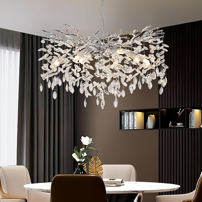 Modern Crystal Chandelier for Dining Room,Silver Tree Branch Chandeliers,Round Luxury Raindrop High Ceiling Chandelier Fixture Hanging Pendant Light Fixtures - 30 inch, 5 Year Warranty