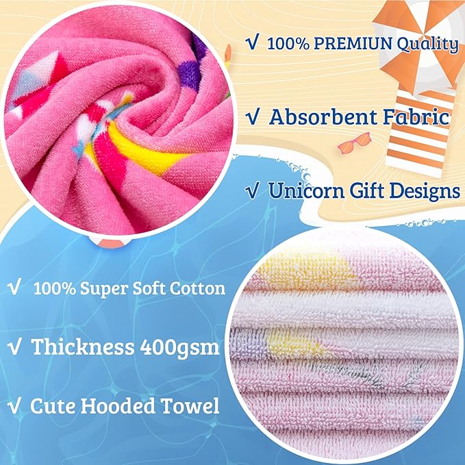 VOOVA & MOVAS Hooded Towels for Kids 3-10 Years, Soft Thick Cotton | Absorbent Beach, Bath, Pool Swim Towels | Cover up for Girls | Pink Floral Unicorn