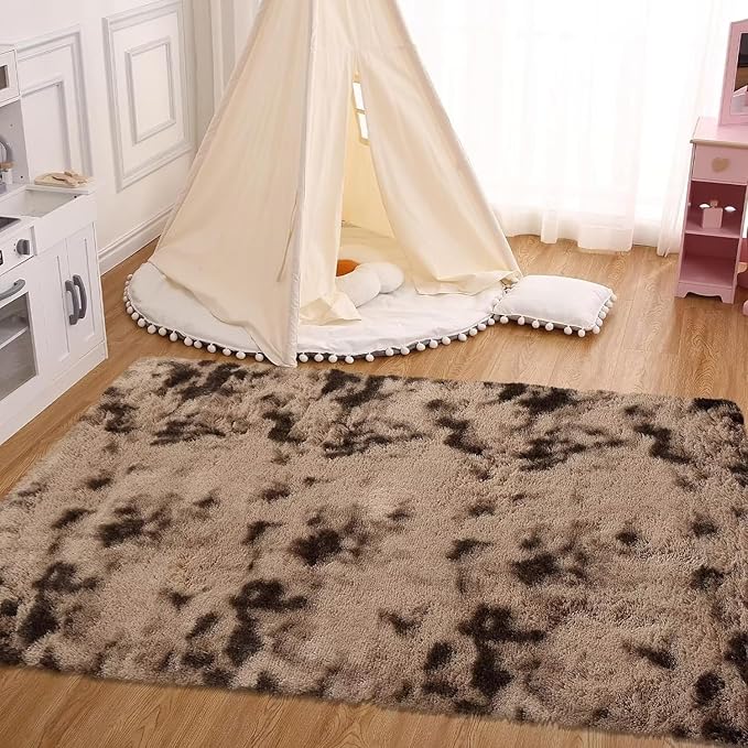 Fluffy Area Rug for Living Room 8x10 Feet, Fluffy Shaggy Rugs for Bedroom Soft Plush Fuzzy Carpet Indoor Modern Faux Fur Rugs Non Slip Home Decor Rug for Kids Girls Nursery, Tie Dye Brown