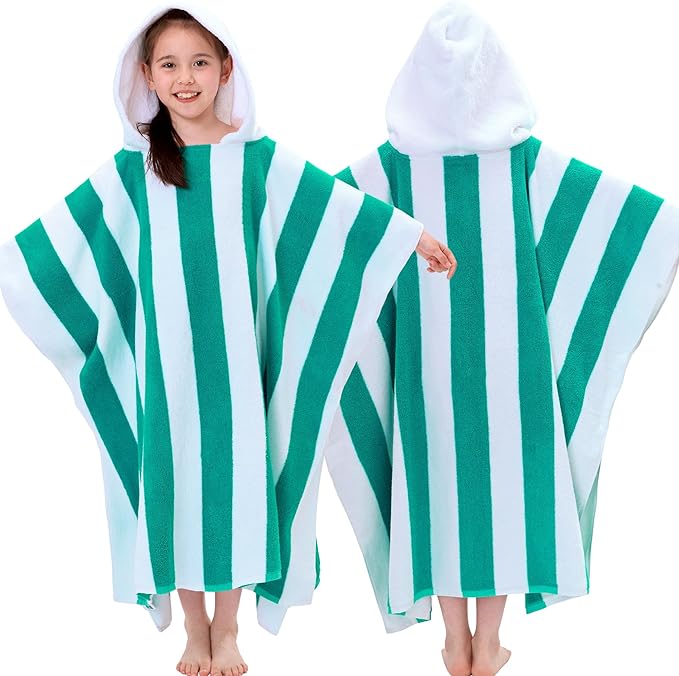 Terry Cloth Hooded Towel Poncho for Boys| Girls | Teens (8-16Years), 100% Cotton Thick Soft Absorbent Poncho Towel Robe for Kids, Perfect for Pool, Beach, Bath and Gifts, Aqua White Stripe