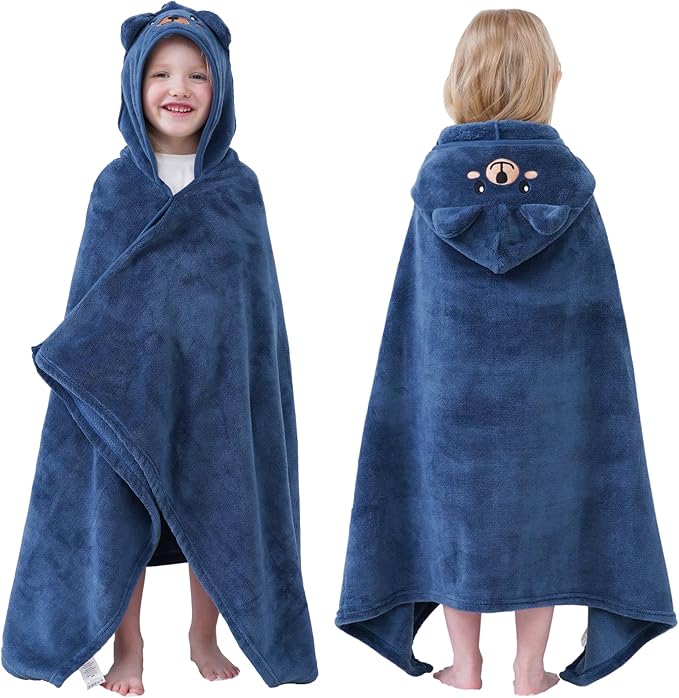 Hiturbo Kids Animal Hooded Towel: Soft Plush Fleece Blanket - 50"x30" Swim Cover Up - Pool Beach Bath Towel Wrap for 3-12 Yrs (Navy Bear)