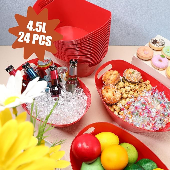 Norme 24 Pcs Oval Storage Tub with Handles, 4.5L Plastic Ice Bucket Wine Beer Champagne Bottle Drink Cooler Tub for Parties Beverage, Storage Basket (Red)