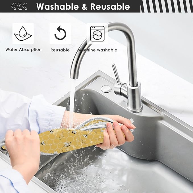 Kitchen Faucet Absorbent Mat,Bees Honey Honeycombs Water Splash Guard for Sink, Faucet Drip Catcher Thicken Sponge Microfiber Faucet Water Catcher Mat Sink Absorbent Mat for Kitchen 30x5in 2 Pack