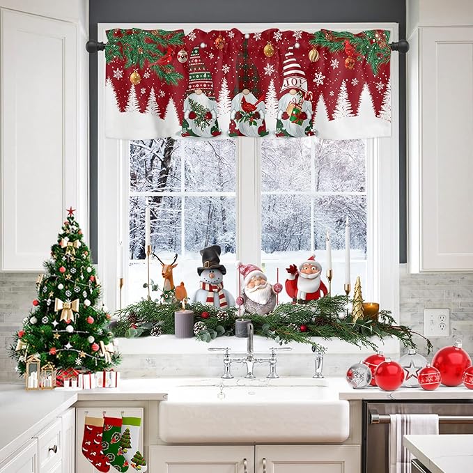 Christmas Gnomes Kitchen Curtains and Valances Set, Red Winter Holidays Window Treatments Tiers White Snowflakes Xmas Trees Half/Short Curtains for Small Windows Cafe /Living Room/ Bedroom 54x 36 in