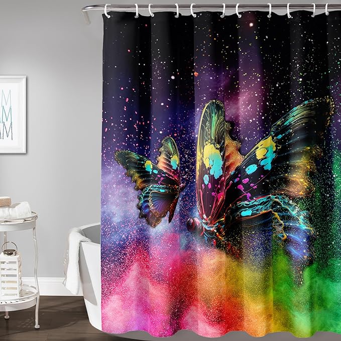 AILONEN Butterfly Shower Curtain for Bathroom, Rainbow Butterfly Bath Curtain,Modern 3D Printed Waterproof Tie Dye Shower Curtain with 12 Plastic Hooks (Kids/Girls/Women/Teen/) 60" W*72" H