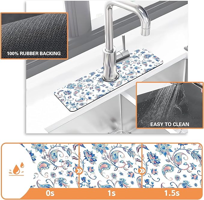 Kitchen Faucet Mat Watercolor Ceramic Floral Kitchen Sink Splash Guard Faucet Mat,1 PC Splash Guard Behind Faucet Drip Catcher for Kitchen,Dish Drying Mat,Bathroom Faucet Mat 15.5""X5.5""