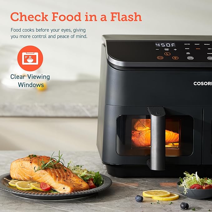 COSORI 9Qt 8-in-1 Dual Air Fryer, Multi-dish Cooking at Once for Family and Couple with Double Baskets, Bake, Roast, Reheat, Broil, Dry & 130 Recipes for Easy and Crispy Meals, Dishwasher Safe