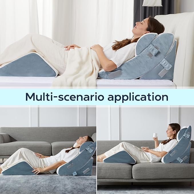 4pcs Orthopedic Bed Wedge Pillow for Sleeping, Memory Foam Pillows Set for Post Surgery, Back and Leg Pain Relief, Triangle Adjustable Support Pillow with Travel Bag