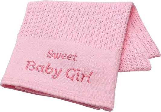 Cotton Knit Baby Blanket with Embroidery, Sweet Baby Girl, 30 in. x 40 in., Pink