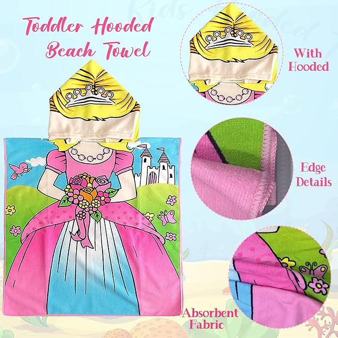 Flower Princess Beach Towel for Ages 2-4, Cute Castle Kids Hooded Bath Towel, 47.2" x 23.6" Super Absorbent Toddler Bath Towel
