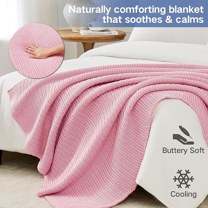 Knitted Weighted Blanket(Pink 60"x80" 15lbs),Home Décor Cooling Throw Blanket for Hot Sleepers,Hand Made Chunky Knit Heavy Blanket for Adults Use on Queen/King Size Bed