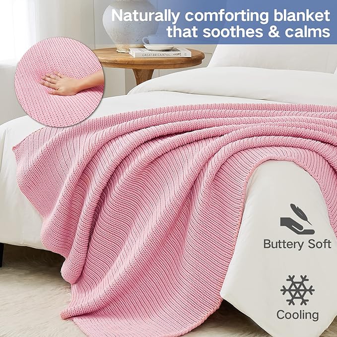 Knitted Weighted Blanket(Pink 60"x80" 20lbs),Home Décor Cooling Throw Blanket for Hot Sleepers,Hand Made Chunky Knit Heavy Blanket for Adults Use on Queen/King Size Bed